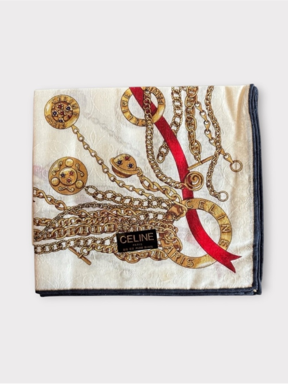 CELINE PARIS Vintage Silk/Cotton Scarf with Gold Chains, Red and Black Accents